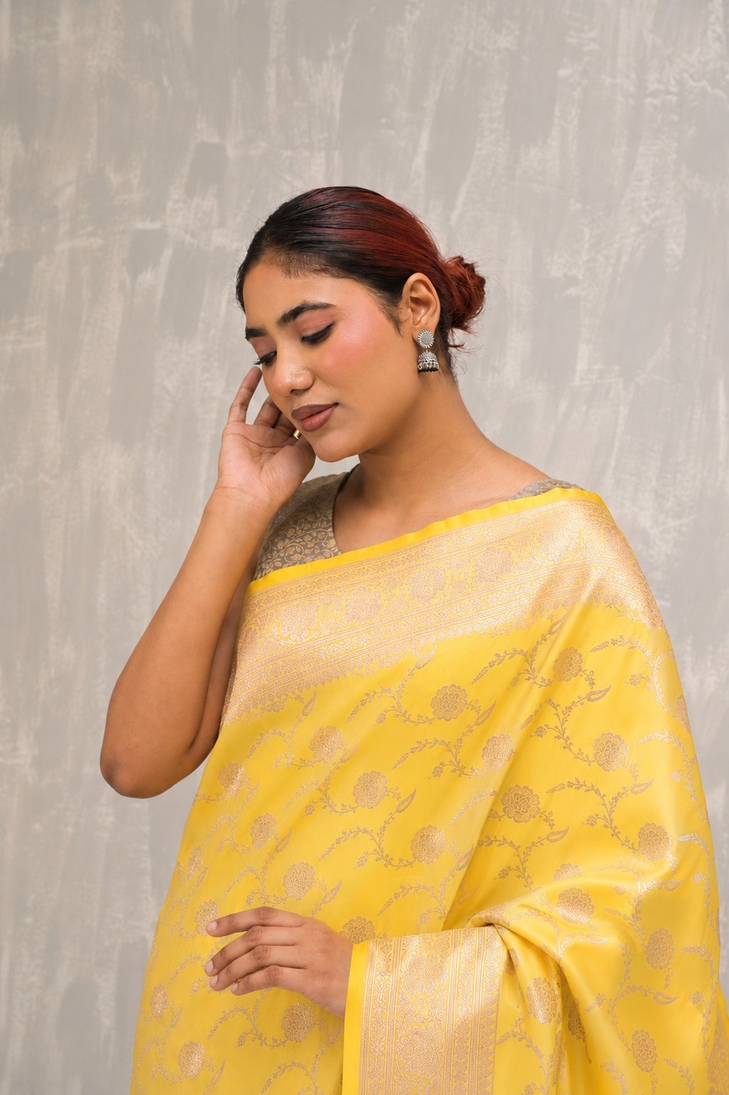 Yellow floral Jangla Silver Zari Handwoven Katan Silk Banarasi Saree